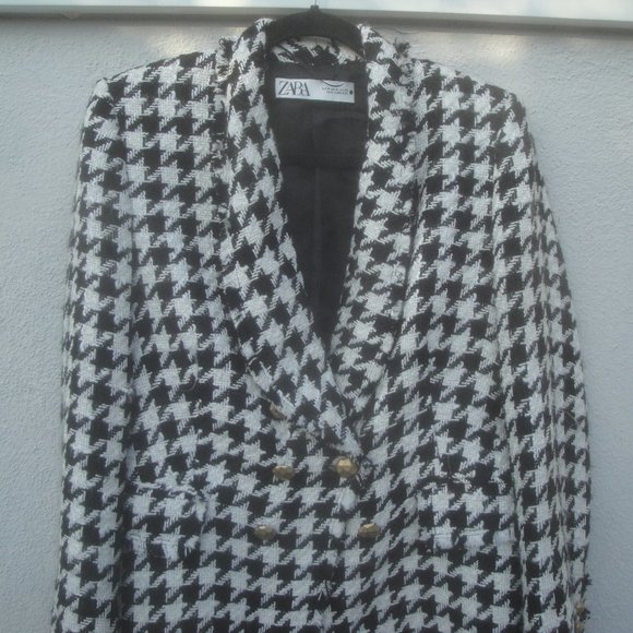 Zara Frayed Houndstooth Check Black-White Plaid Preppy Professional Blazer Large - Picture 5 of 8